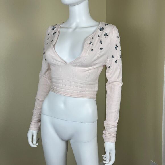Free People Women Size M Pink Chilled Out V-Neck Crop Floral Embroidered Top - Picture 5 of 14